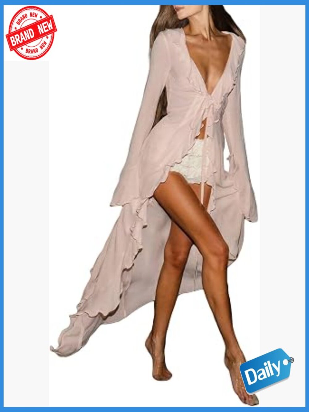 Sheer Mesh Flowy Kimono Cardigan Long Sleeve Ruffled Chiffon Duster Beach Cover